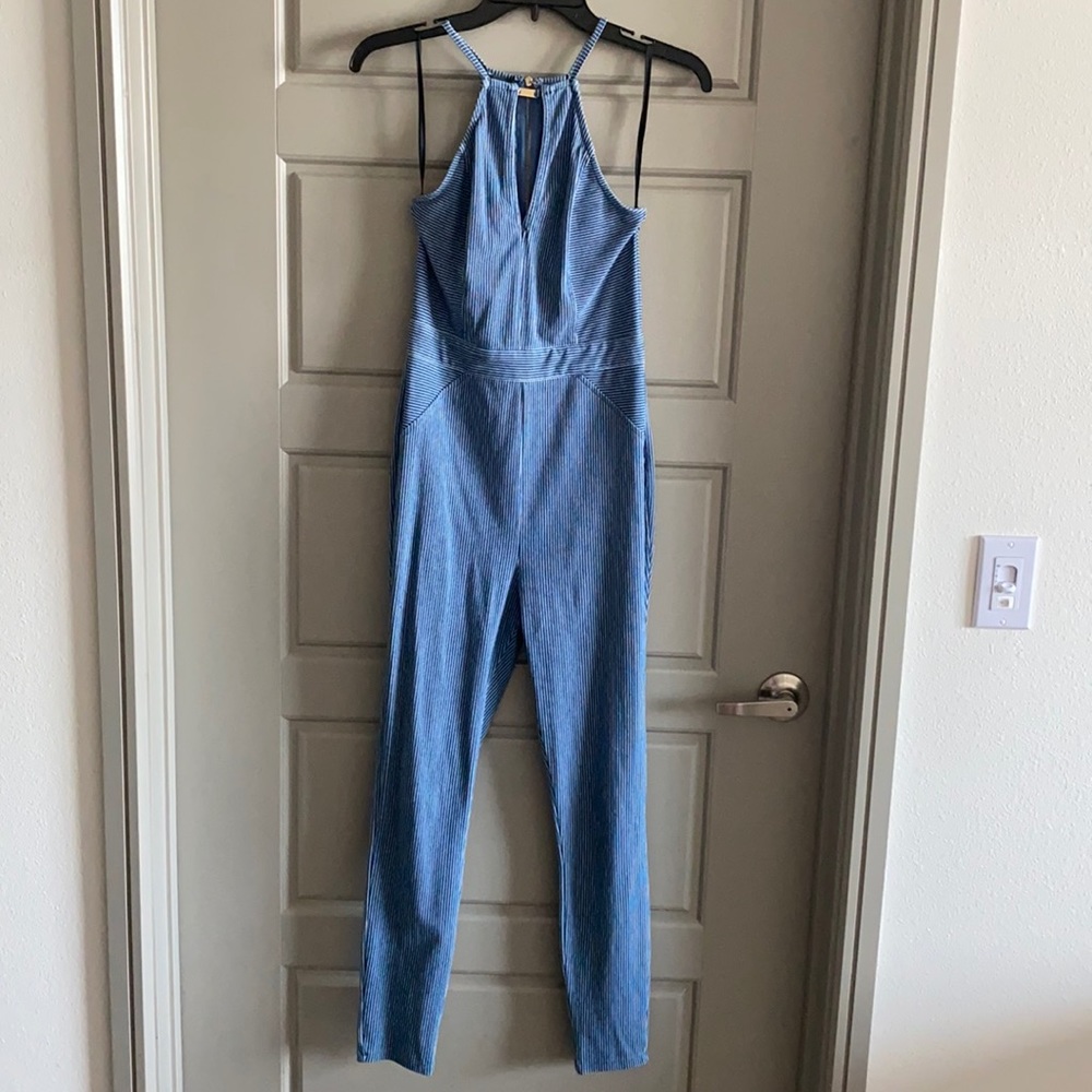 Pin-striped Denim Jumpsuit